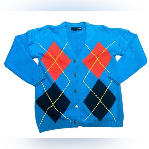 Vintage Dockers Turquoise Argyle Button Up Cardigan Sweater 100% Cotton Medium - Picture 1 of 6